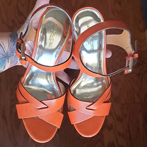 EUC Coach Orange Platform High Heels Shoes Sz 7 w/ Strappy Ankle Buckle with Box - Picture 11 of 16